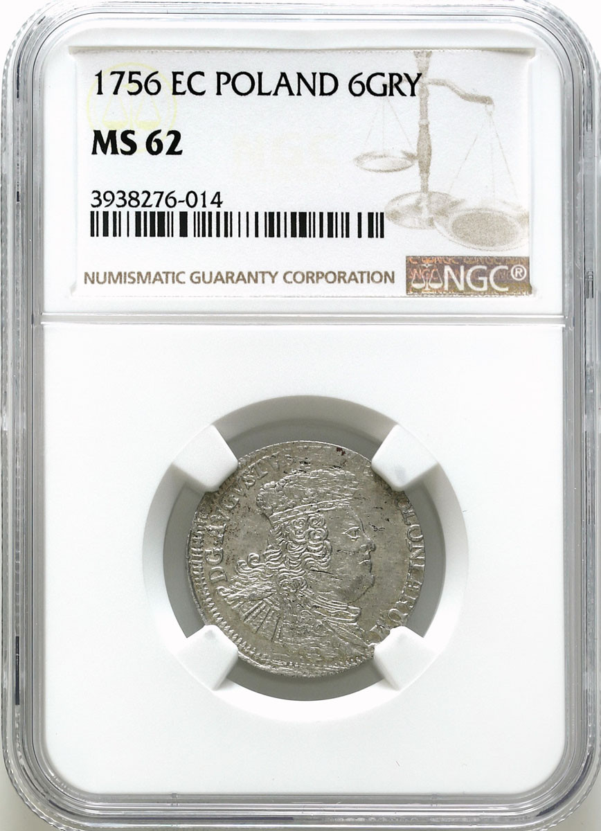 August III Sas. Szóstak (6 groszy) 1756, Lipsk NGC MS62